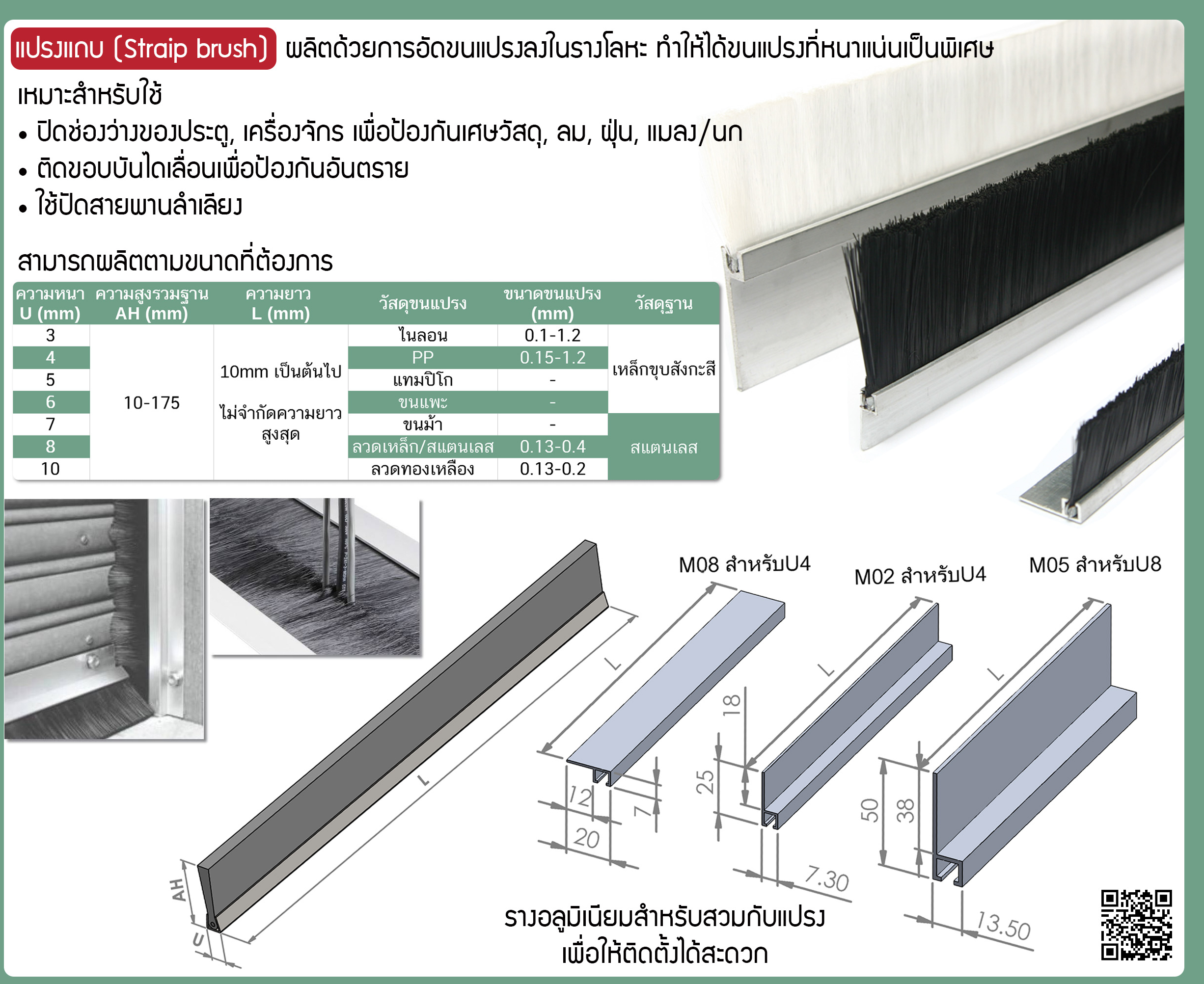 โบรชัวร์แปรงแถบ Strip Brush พร้อมสเปกขนาดและรางอลูมิเนียม